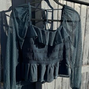 LC Lauren Conrad Smocked Sheer Cropped Top Ruffle Blouse Boho 90’s Chic Romantic